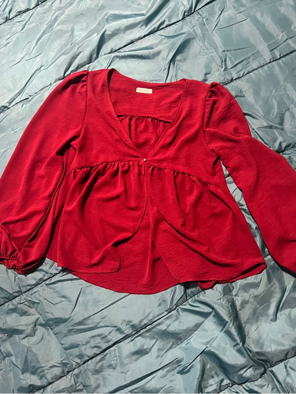 Red V-Neck Peplum Blouse with Puff Sleeves